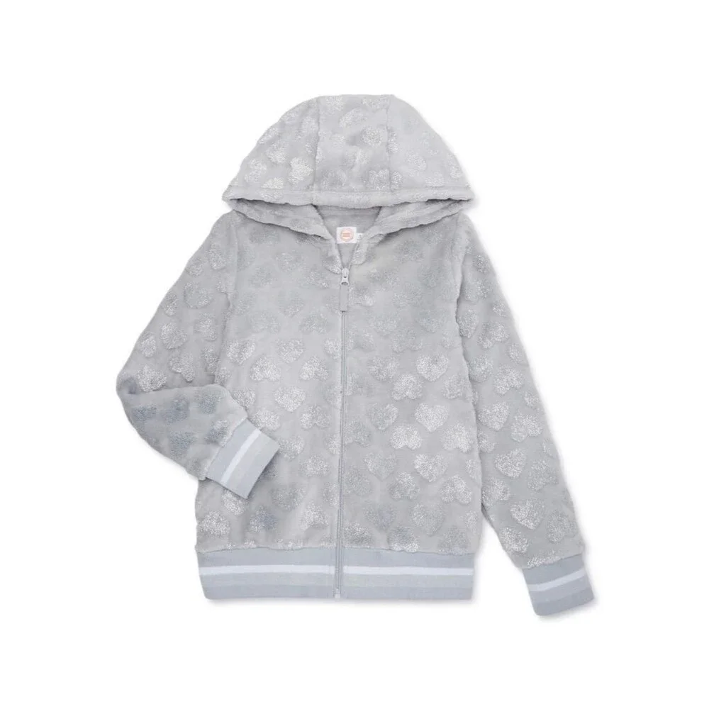 NEW Girls Sz XS (4-5) Sparkly Silver Hearts Soft Plush Full Zip Hooded Jacket